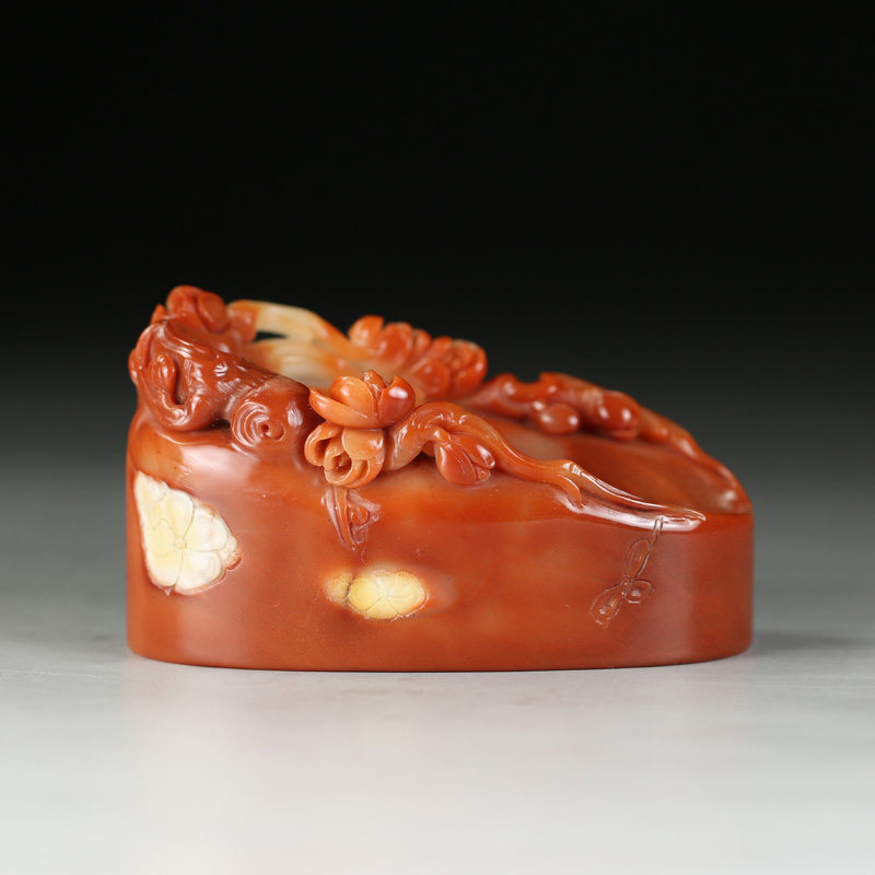 寿山老性巧色红芙蓉石 精品【团花锦簇】印章 s2472