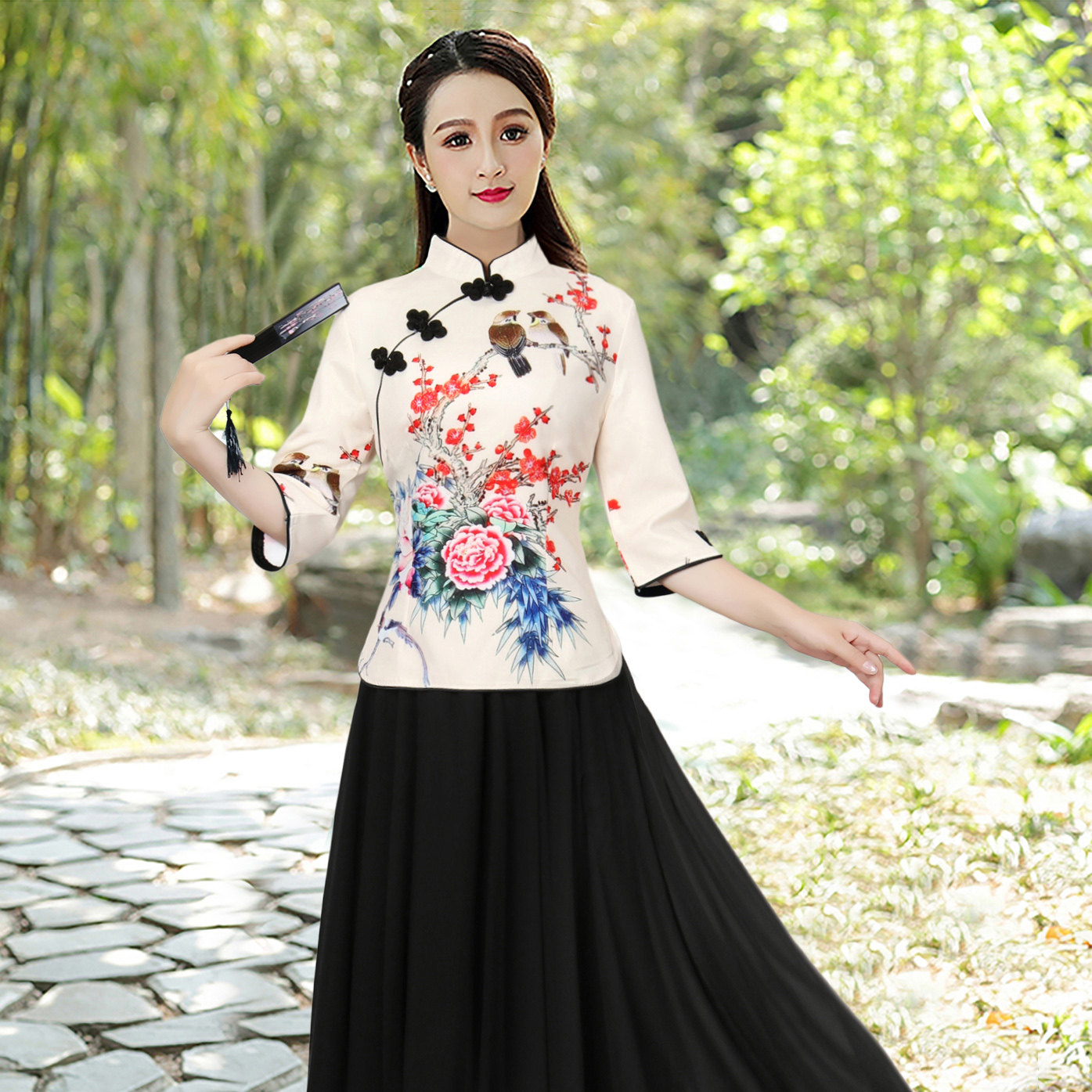 包邮 复古盘扣上衣修身印花改良旗袍唐装女春茶艺服中国风中式服装