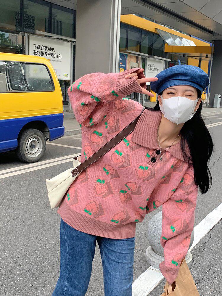 sandromoscoloni复古粉色桃子毛衣女2021新款慵懒风宽松针织上衣