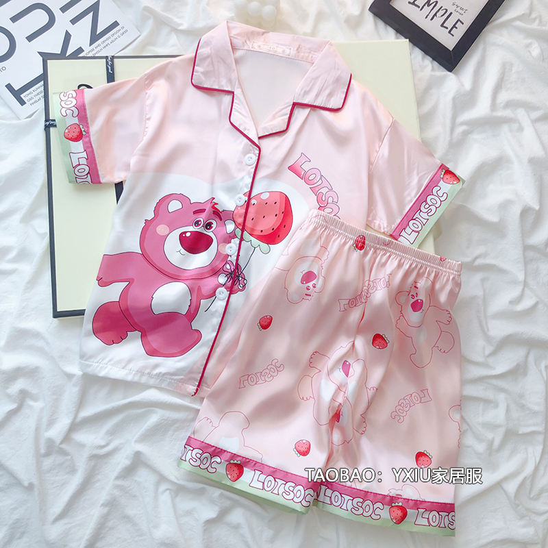 女童睡衣冰丝2024款草莓熊夏季短袖薄款女孩中大童宝宝空调家居服