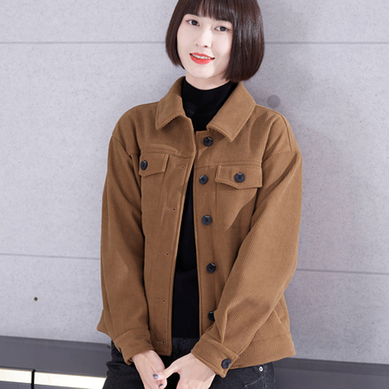 休闲翻领加厚灯芯绒一体绒外穿上衣大码宽松黑色加绒外套女秋冬