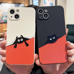 可爱卡通煤球黑猫适用iphone15promax手机壳13pro全包11/12女xs/xr软硅胶7/8plus情侣14彩色全包硅胶软壳防摔