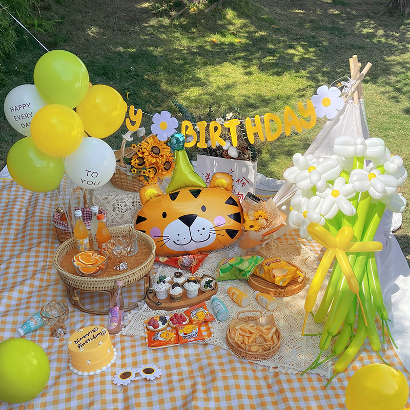 网红野餐草地生日装饰气球ins户外拍照道具儿童周岁派对场景布置