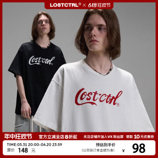 LOSTCTRL「可乐LC」复古做旧logo印花短袖T恤男夏宽松重磅体恤衫