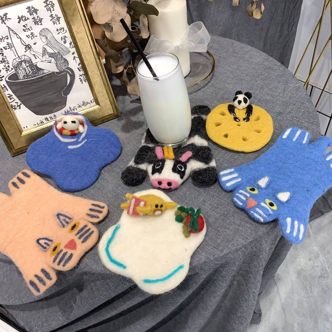 超萌卡通萌物动物毛毡小杯垫手工羊毛毡动物餐垫杯垫家居装饰毛毡