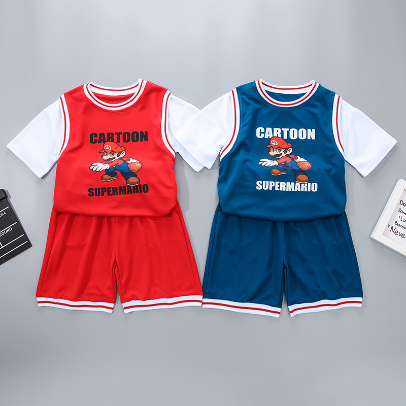 卡通超级玛丽男童夏季套装儿童短袖运动服男孩潮酷篮球服两件套