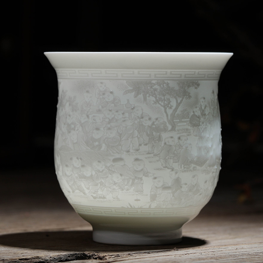 半刀泥百子图品茗杯 陶瓷美术设计师 江广水老艺人