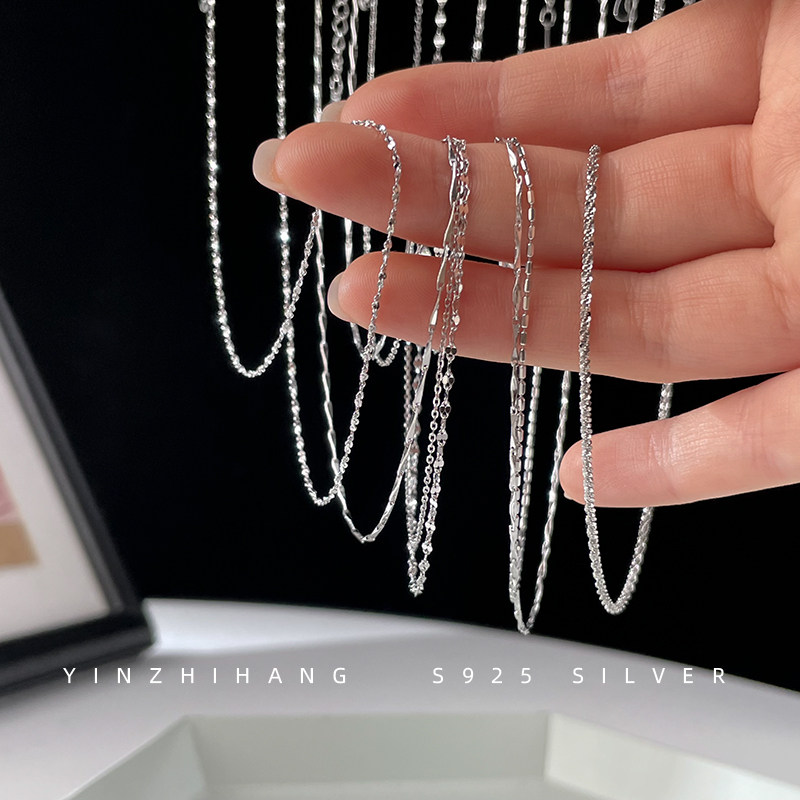 s925纯银项链女锁骨链配链无吊坠细链子简约长单链素链配饰颈链