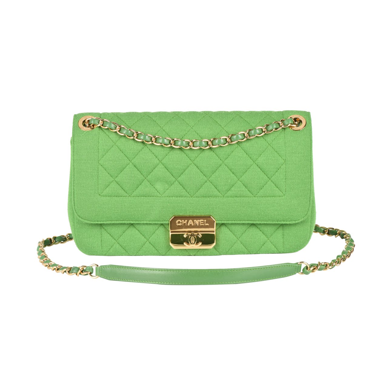 [9.8新]香奈儿chanel女士绿色针织面内拼牛皮金色方扣单肩包