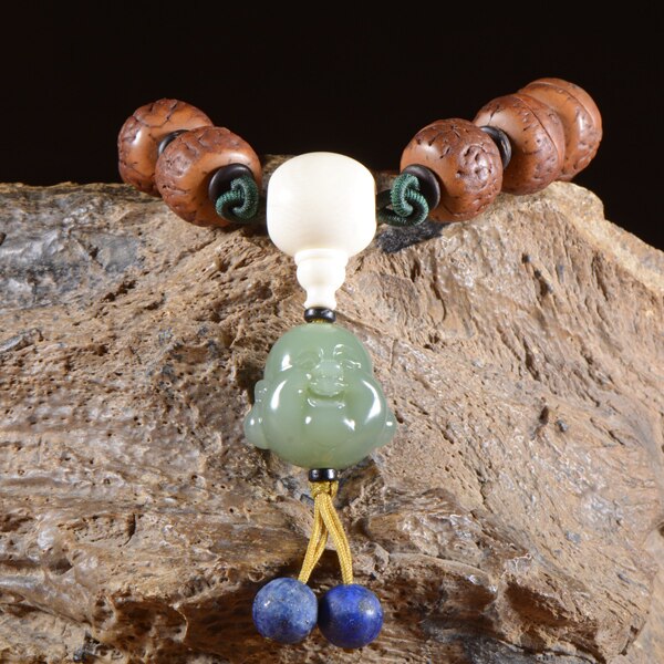 国家级玉雕大师侯晓峰佳作 和田玉 碧玉 笑佛头 手串52克