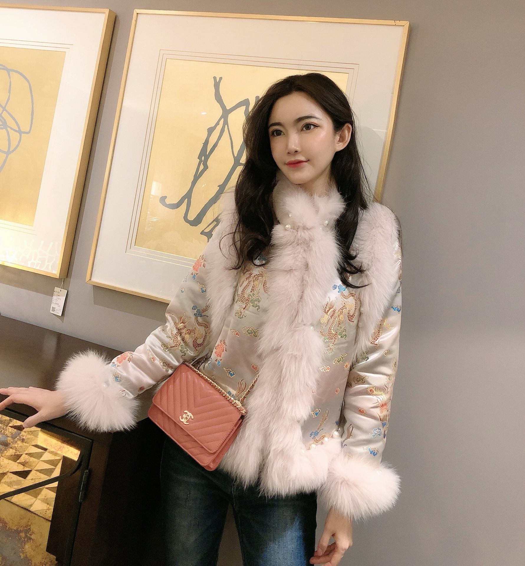 旗袍女少女甜美法式短款改良版秋冬款狐狸毛皮草钉珠羽绒棉中国风