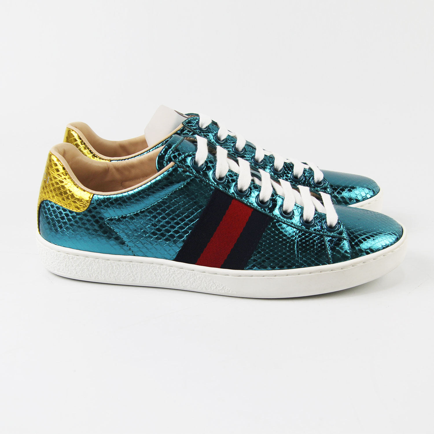 [9.9新/未使用]古驰gucci绿色亮面红绿条纹女士休闲鞋 36码