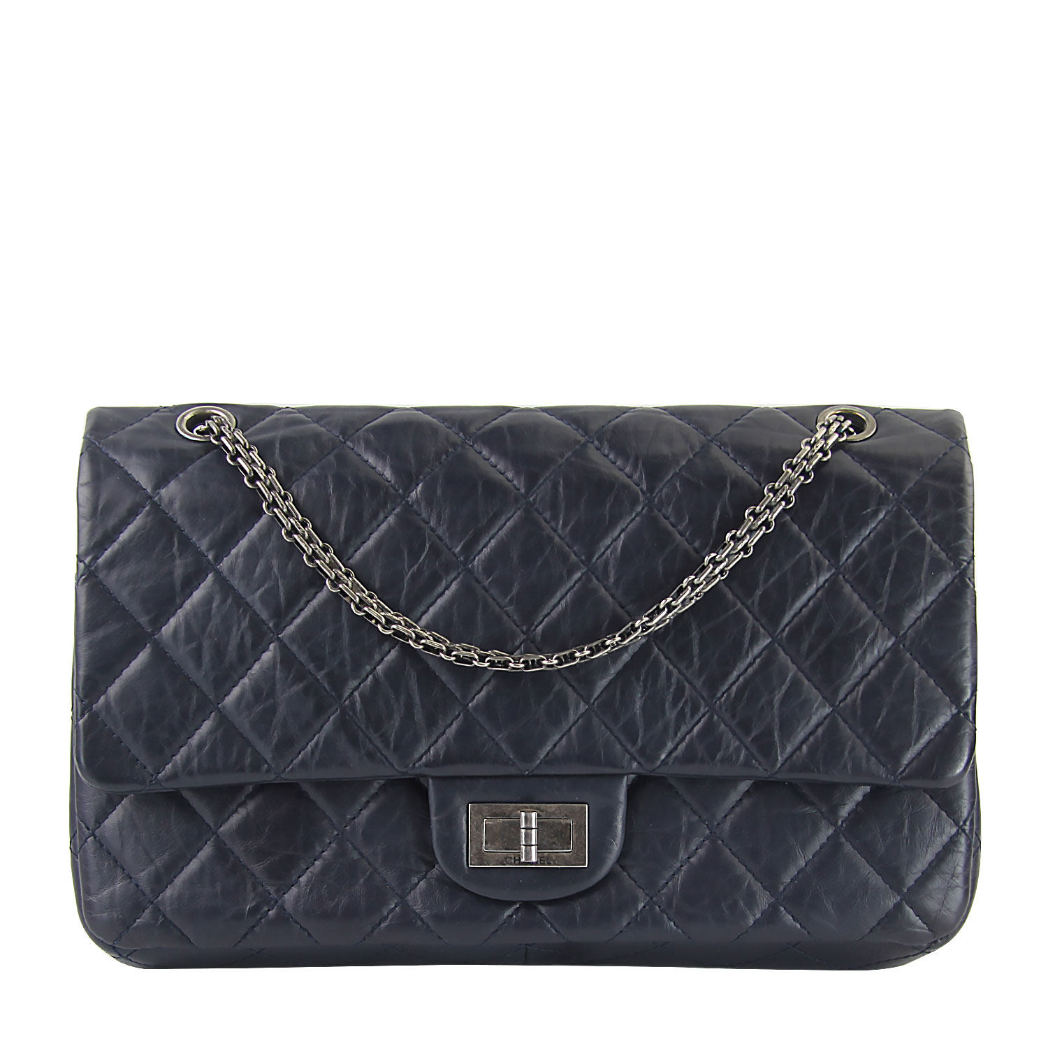 5新]chanel香奈儿 2.55系列大号深蓝色皮质链条单肩包