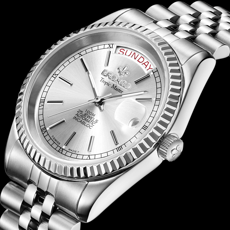 瑞士库存百浪多全自动机械男士手表夜光防水透底机芯精钢送礼父母