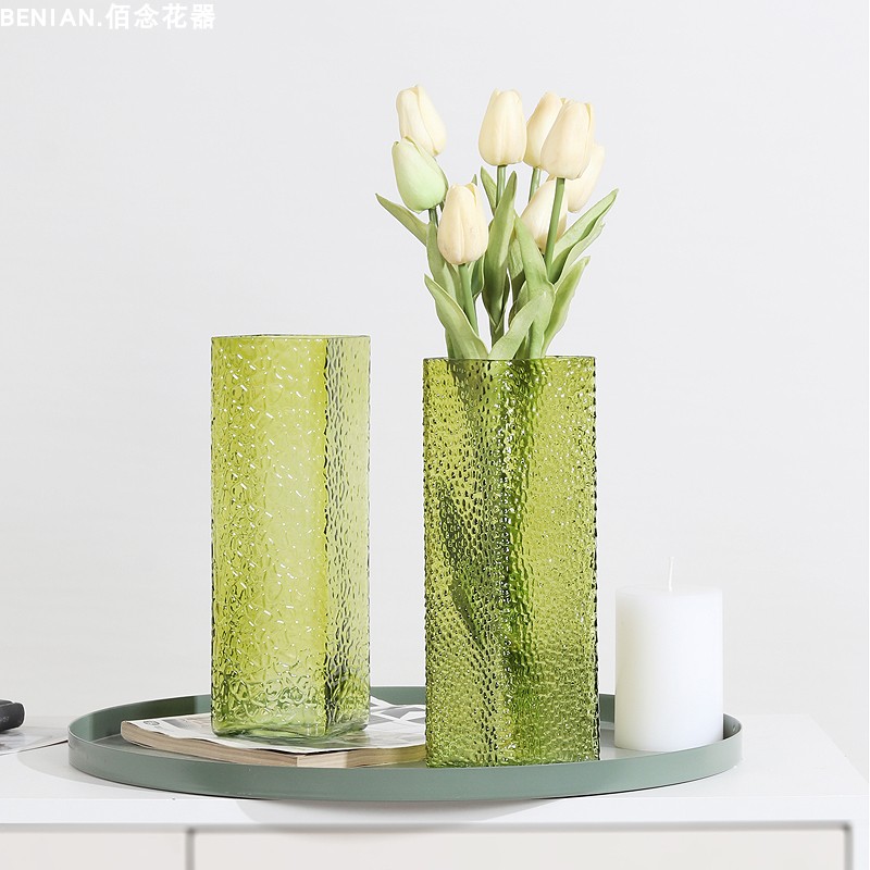 极简玻璃花瓶透明黄绿色浮雕插花水培鲜花花器桌面茶几装饰品摆件