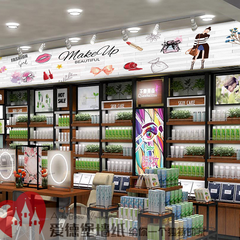 手绘时尚女孩美妆店壁纸美容院彩妆店背景化妆品店铺装修专用墙纸