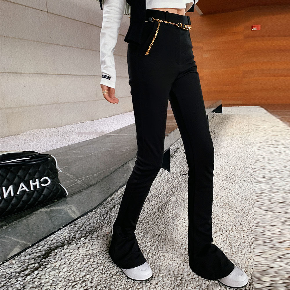 花花家高腰喇叭裤早春收腰休闲休闲马马蹄裤直筒修身休闲裤