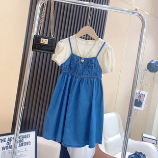 女童2024夏季套装小女孩短袖两件套中大童韩版洋气套裙牛仔吊带裙