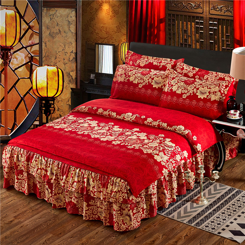 磨毛床罩床裙四件套加厚秋冬婚庆大红被罩套1.8/2.0m床上用品双人