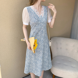 Short Sleeve Chiffon floral cut out mid length V-neck dress