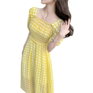 Bubble Sleeve Plaid square neck small fresh Chiffon short sleeve medium length dress