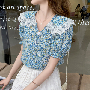 Retro V-neck bubble short sleeve Floral Chiffon shirt baby collar