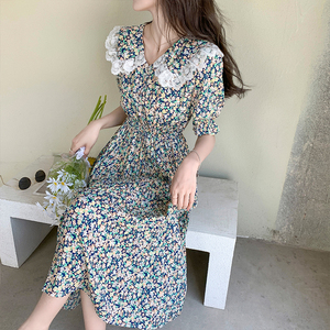 Summer Short Sleeve Chiffon pleated floral medium length dress