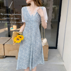 Short Sleeve Chiffon floral cut out mid length V-neck dress