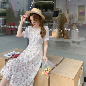 Short Sleeve Chiffon floral cut out mid length V-neck dress