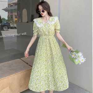 Summer Short Sleeve Chiffon pleated floral medium length dress