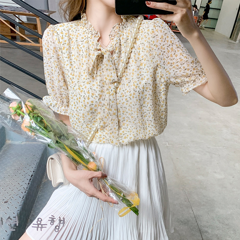 实拍 现货 夏季2021年新款韩版立领碎花雪纺衫时尚小衫短袖上衣女