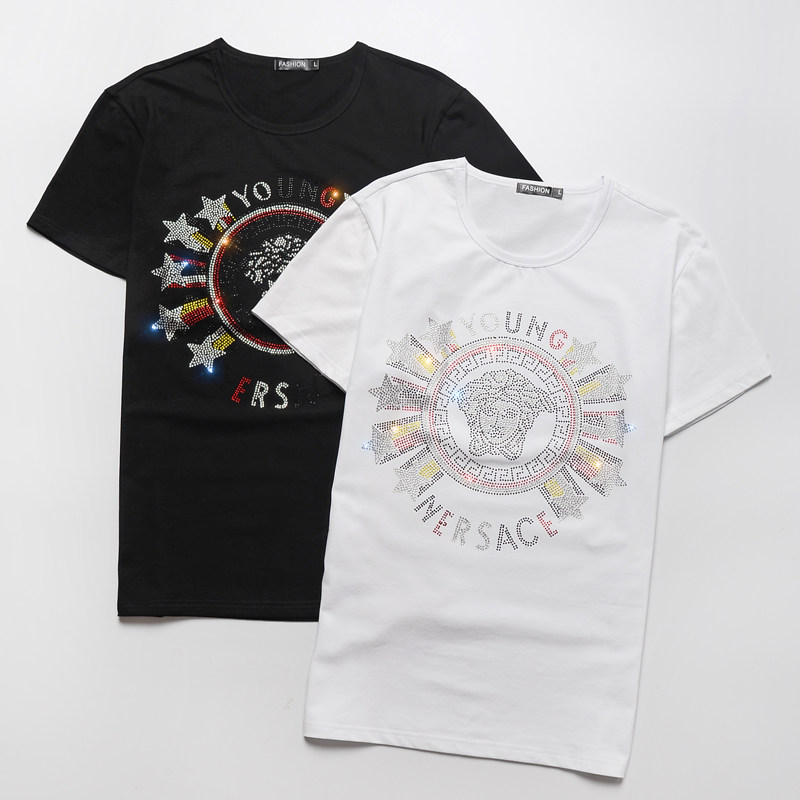 包邮 带钻男士t恤欧货男款丝光欧洲站美杜莎美国潮牌小花重工烫钻短袖