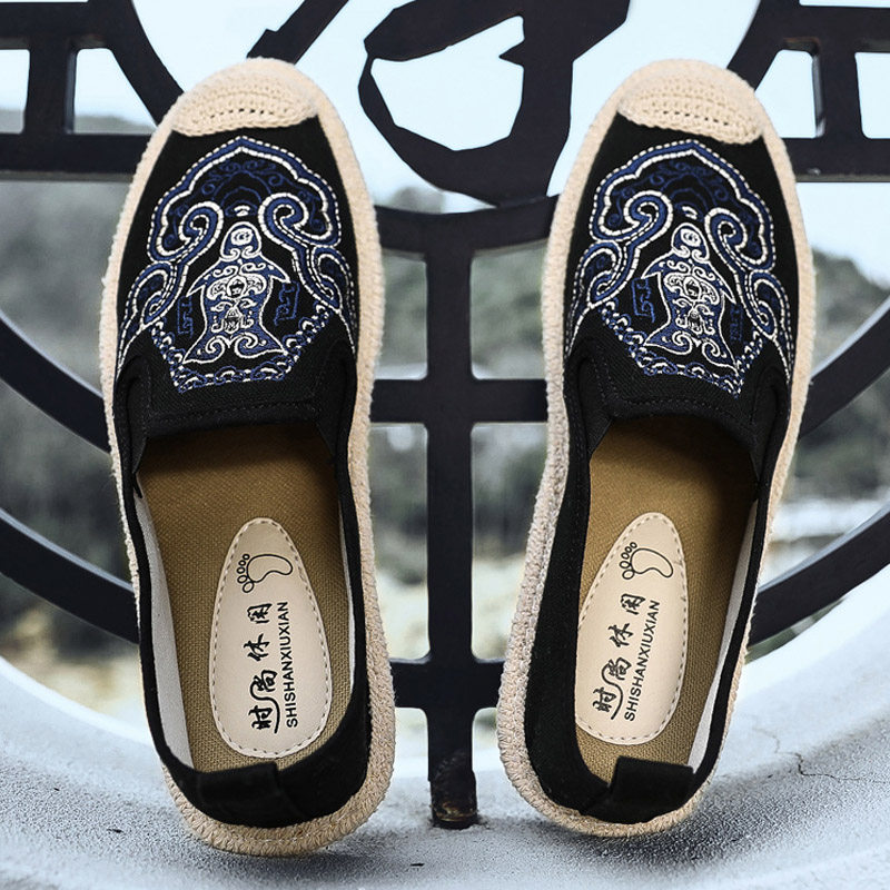 特价lv鞋子男鞋_v-lv&cora亚麻刺绣中国风帆布鞋男士休闲开车亚麻草鞋