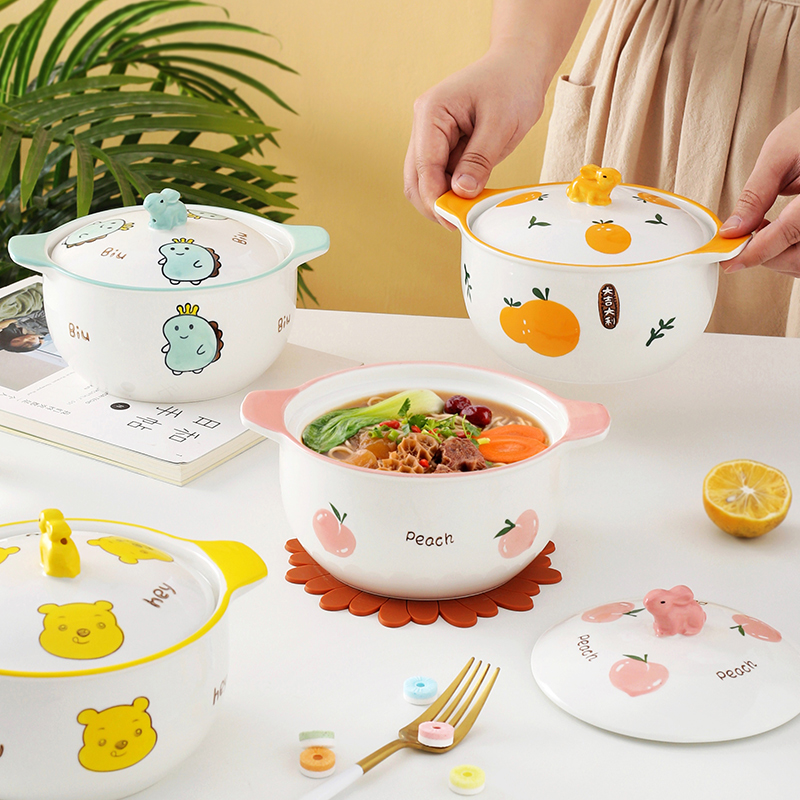 日式双耳陶瓷学生泡面碗大号汤盆带盖子创意个性陶瓷碗家用碗面碗