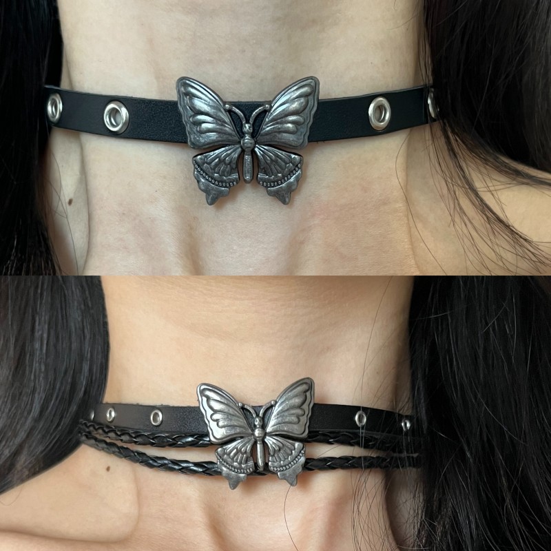 【奶芙芙】少女皮革choker颈链黑色小众设计感双层蝴蝶锁骨颈带