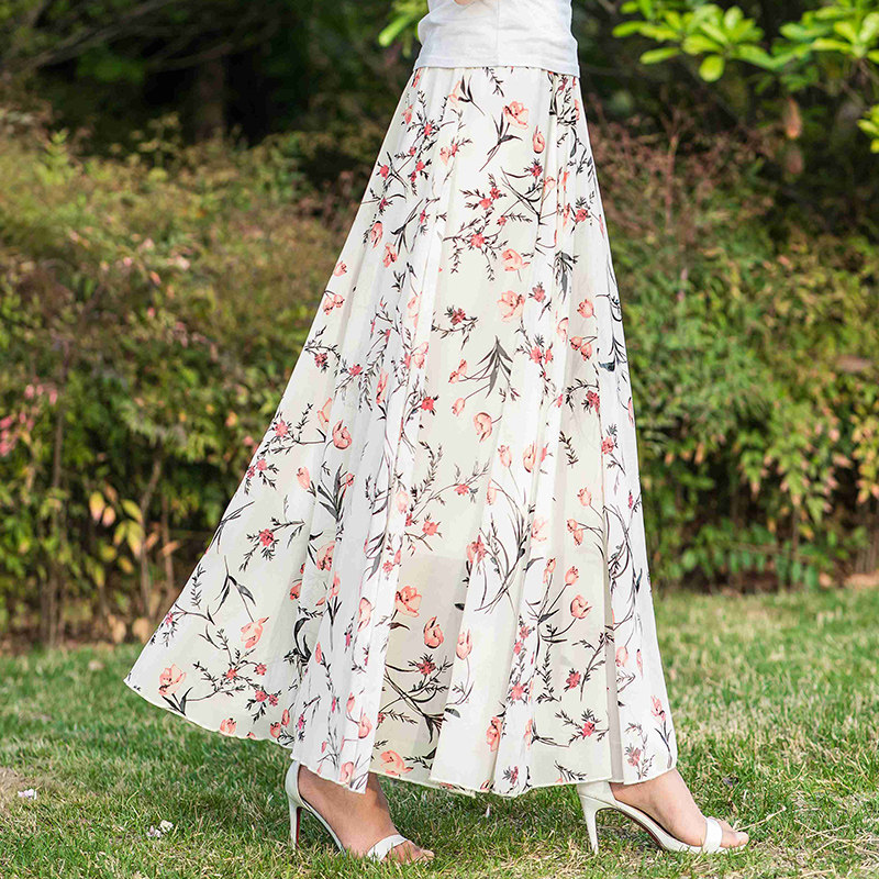 裙四季夏款半身裙长裙雪纺大码沙滩裙高腰大摆裙复古花色仙女裙子