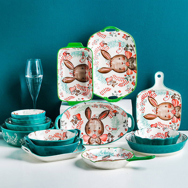 韵唐陶瓷萌兔餐具日式汤碗面碗单个卡通创意家用饭碗烤盘碗盘套装