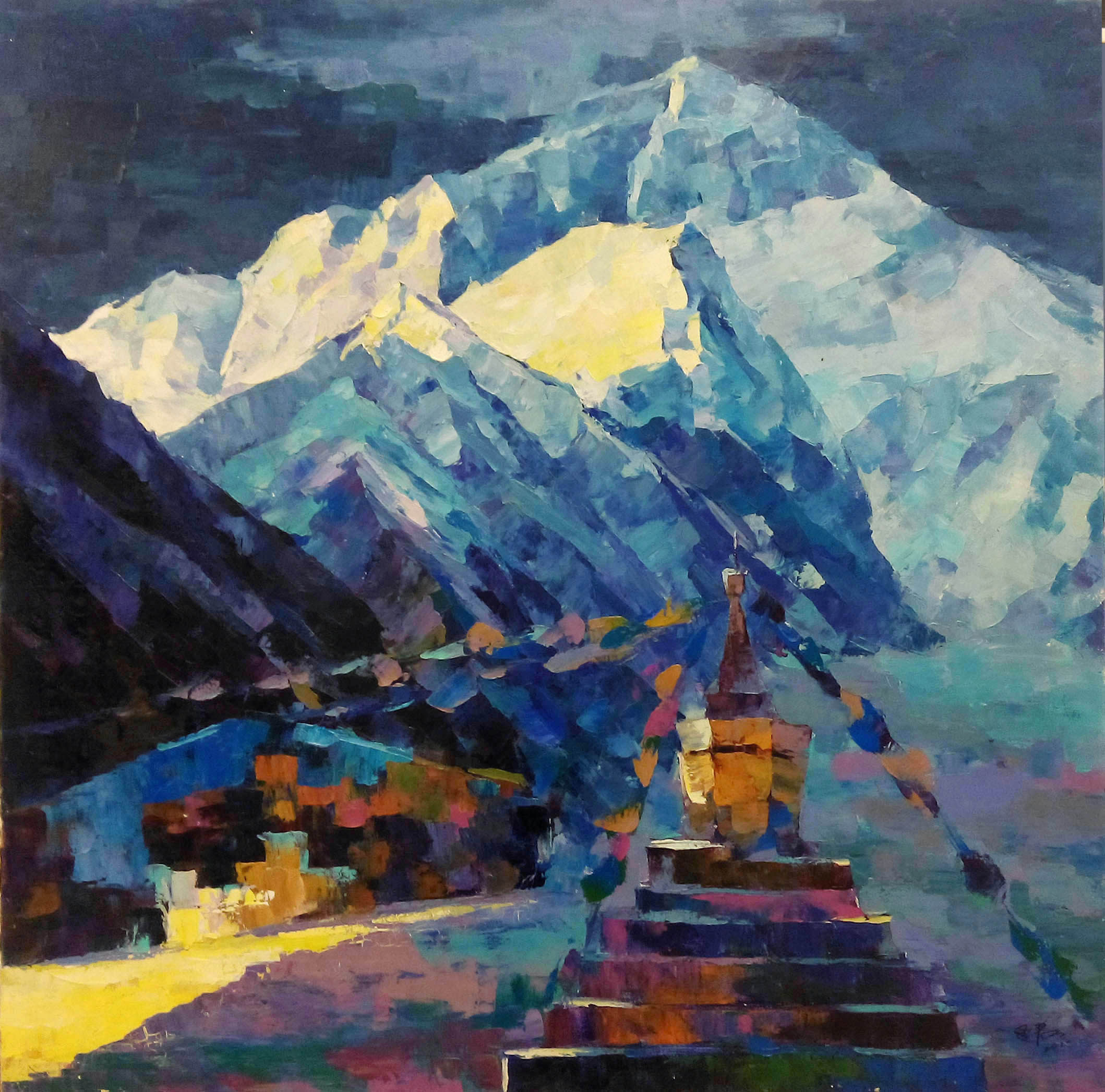 曼君《第一束光》大幅原创油画作品 100cm x 100cm