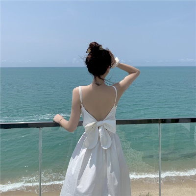 实拍实价chic甜美露背蝴蝶结吊带裙休闲收腰连衣裙女