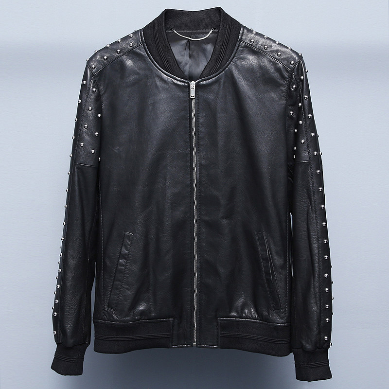 rc欧货slp风格小圆铆钉纯手工圆领棒球夹克进口牛皮真皮外套男