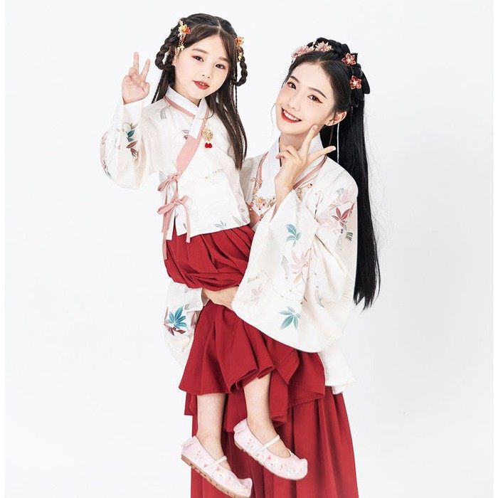 母女童唐装汉服亲子装春秋2023新款长袖古风套装裙儿童古装演出服