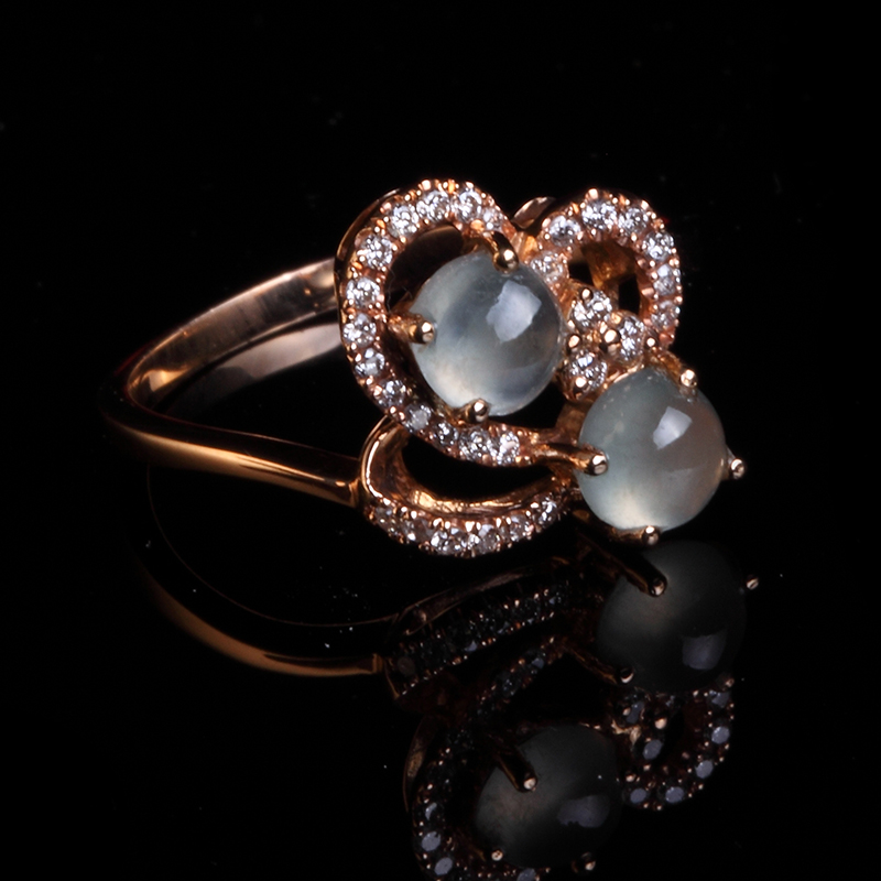 18k金伴钻豪镶老坑冰种时尚翡翠双蛋面戒指 13mm 2.30g