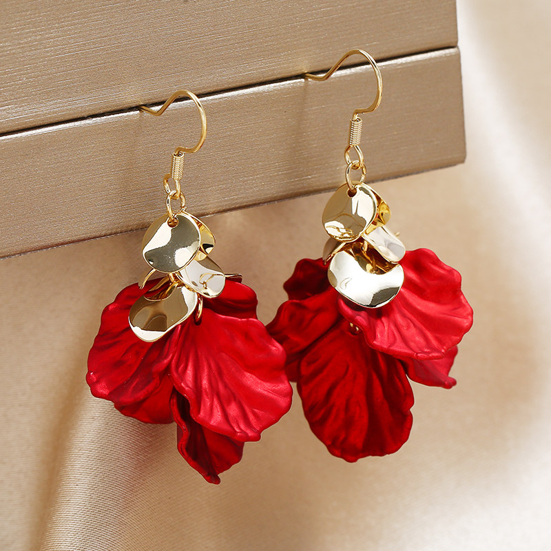 复古红色花朵耳环花瓣耳钉女气质长款耳坠网红流苏耳饰209新款潮