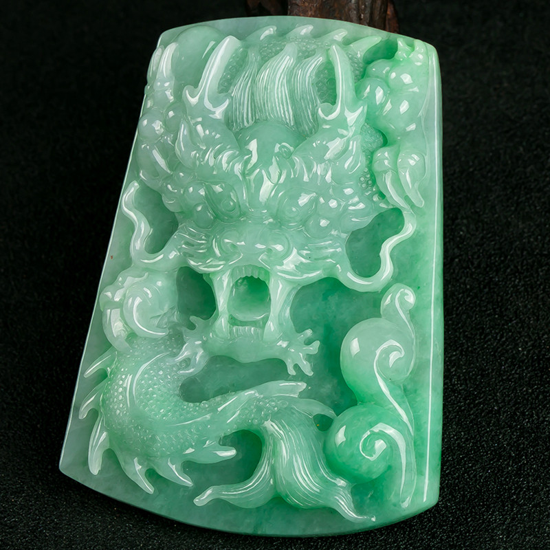 无保留价收藏精品翡翠捡漏专场 老坑缅甸翡翠a货冰糯种满绿龙牌吊坠