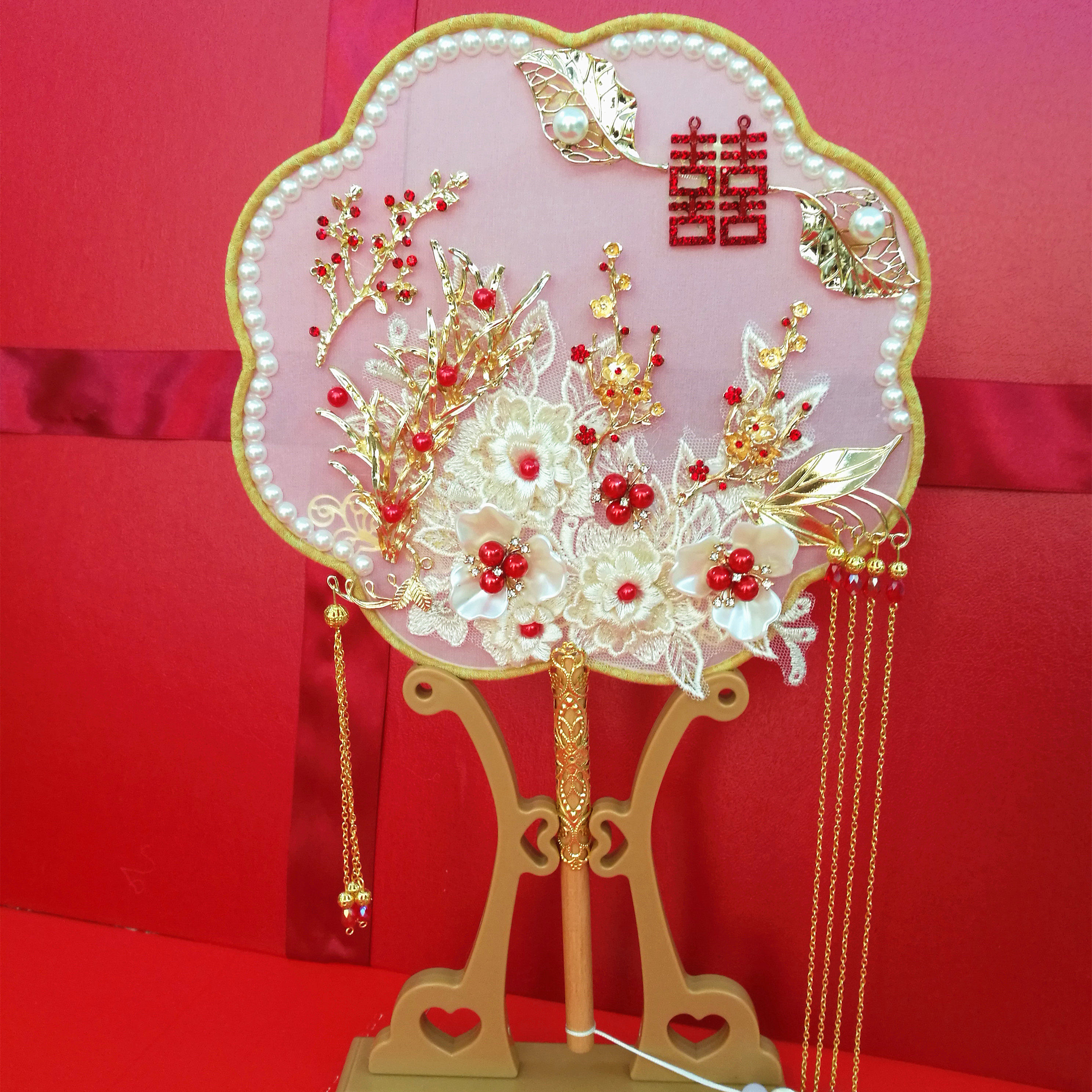 古风团扇新娘结婚礼秀禾服扇子中式出嫁手捧花手工喜扇diy材料包