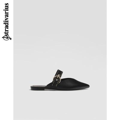 Stradivarius 黑色搭扣平底尖头凉鞋穆勒休闲单鞋 169843410