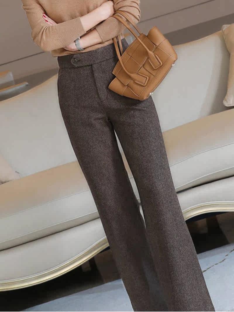 (今日9.2折)咖啡色人字纹毛呢阔腿裤女秋冬收腰羊毛裤显瘦高腰直筒休