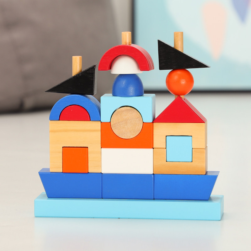 美国儿童木制几何形状叠叠高积木套柱早教益智配对彩虹塔玩具