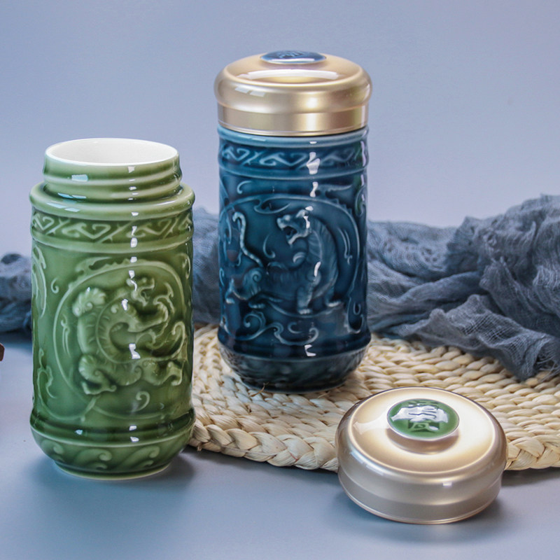 乾唐轩活瓷杯小威震八方随身杯随手杯单双层陶瓷杯水杯子送礼老虎