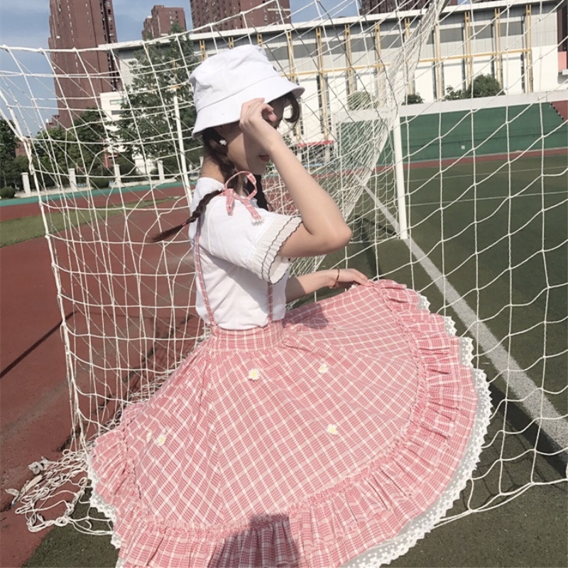 牵着你衣角日系软妹可爱花边短袖t恤+吊带花朵刺绣格子半身裙女夏在类目 女装/女士精品, 半身裙中 - 来自Buy2taobao.com提供专业的淘宝代购服务